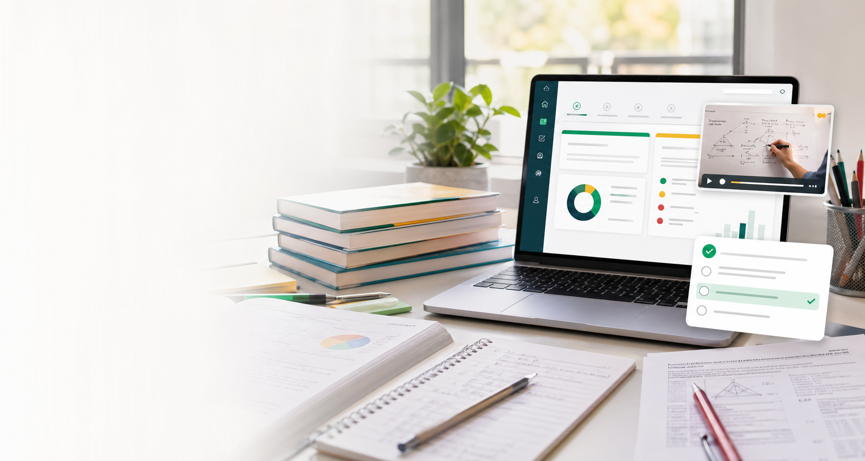 Online learning dashboard with study books and quiz materials